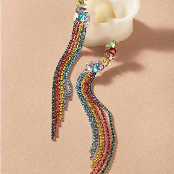 Crystal rhinestones long dangle earrings rainbow - Picture 4 of 4
